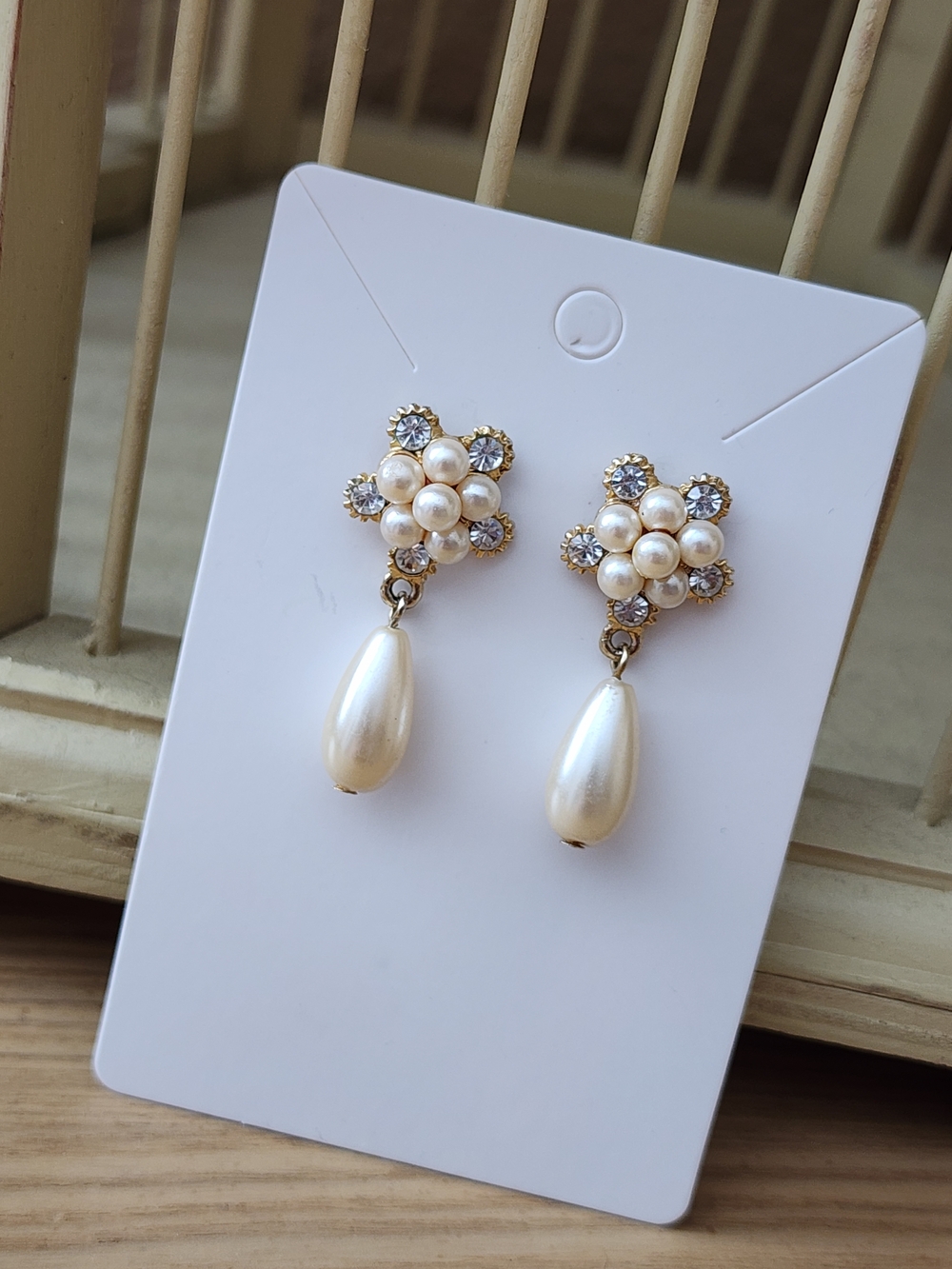 Pearl Drop Floral Cluster Earrings - Gold and Ivory